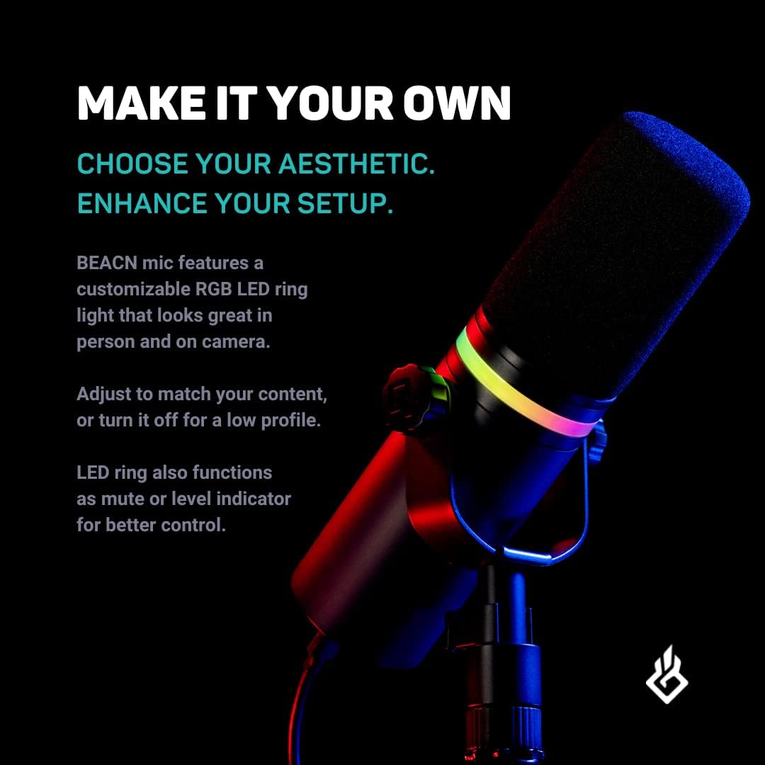 BEACN Dark Dynamic USB Microphone for PC & Gaming – Broadcast-Grade Streaming, Podcast & YouTube Mic with RGB Lighting, Noise Rejection & Headphone Monitoring – USB C Mic for Twitch & Recording