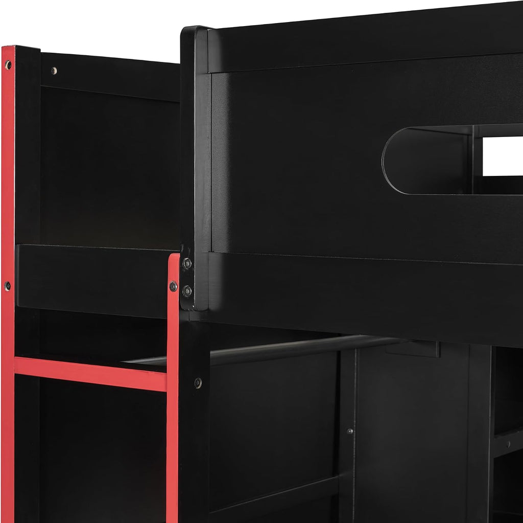 Full Size Gamer Loft Bed with Built-in Desk, RGB Lighting, USB Port & Storage, Gaming Bed with Wardrobe, Drawers for Kids, Teens, Adults (Red/G)