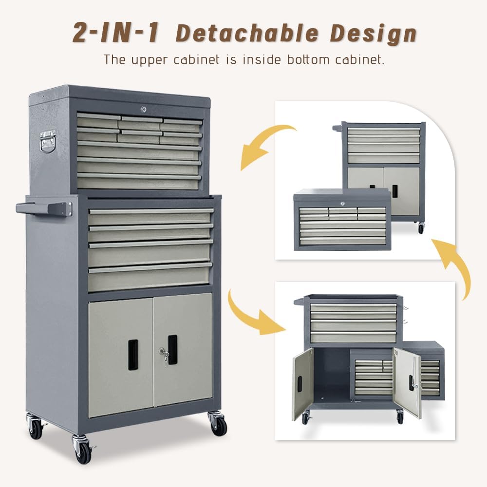 13-Drawer Double Doors Handle Rolling Tool Chest, 2 in 1 Detachable Rolling Tool Chests, Large Tool Boxes with Lock, Metal Standing Tool Cabinet for Garage Workshop(Gray)
