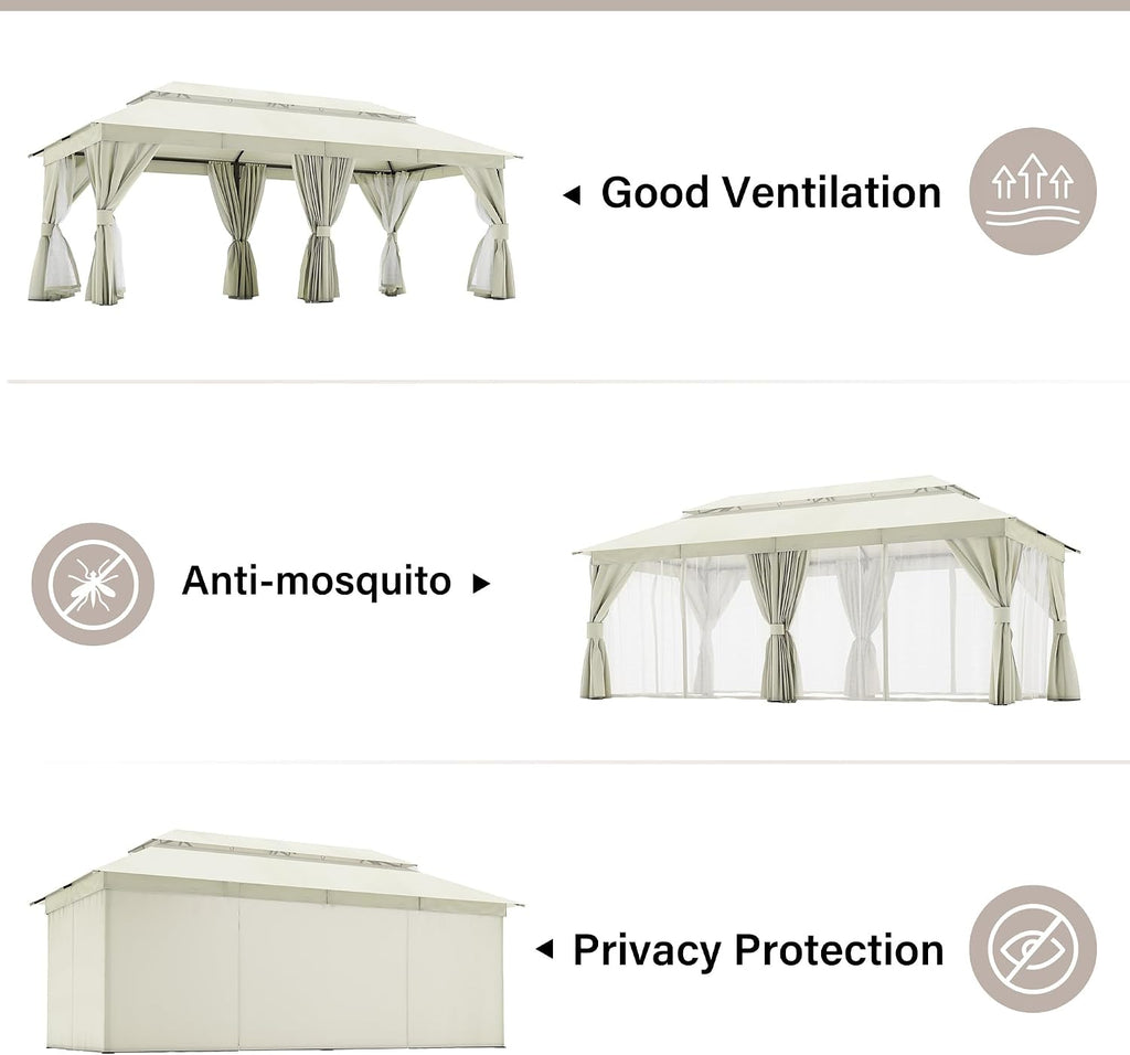LAUSAINT HOME 10'x20' Outdoor Gazebo, Metal Frame Heavy Duty Patio Canopy Tent Shelter with Double Roofs, Mosquito Nettings and Privacy Screens for Backyard, Garden, Lawn, Cream White