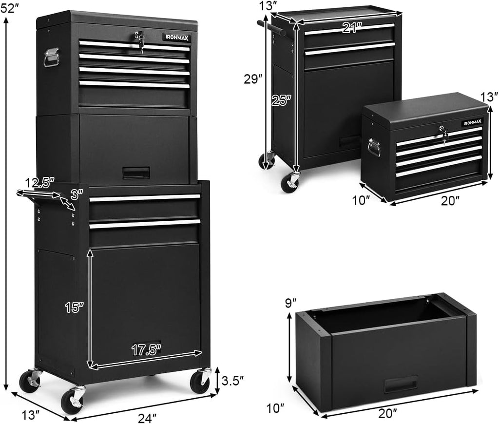 IRONMAX Tool Cabinet on Wheels, 6-Drawer Lockable Rolling Tool Chest w/ 4 Universal Wheels, 2 in 1 Detachable Tool Box Storage Organizer for Garage Workshop Repair Shop, Black