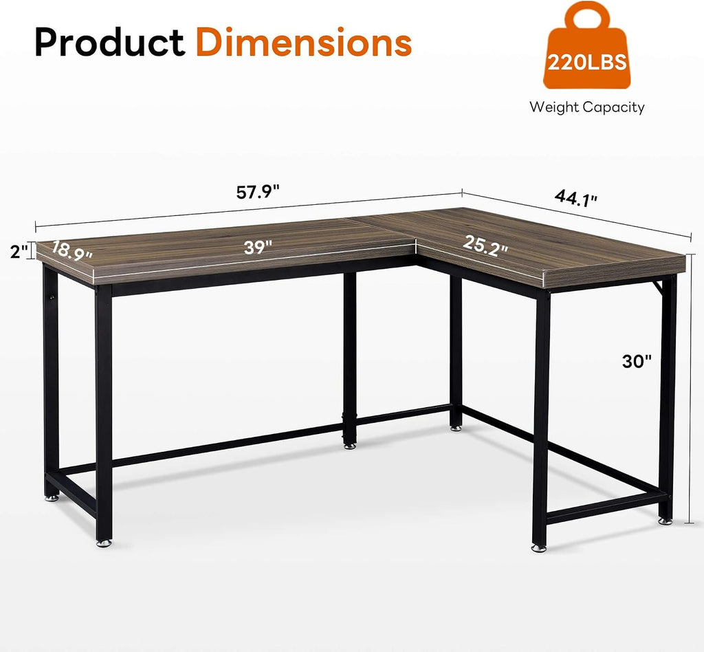 ivinta L Shaped Desk, Modern Corner Home Office Computer Desk with 2' Thicker Desktop for Study Work, Simple Reversible Worksation with Metal Frame for Bedroom Living Room Novas (Brown)