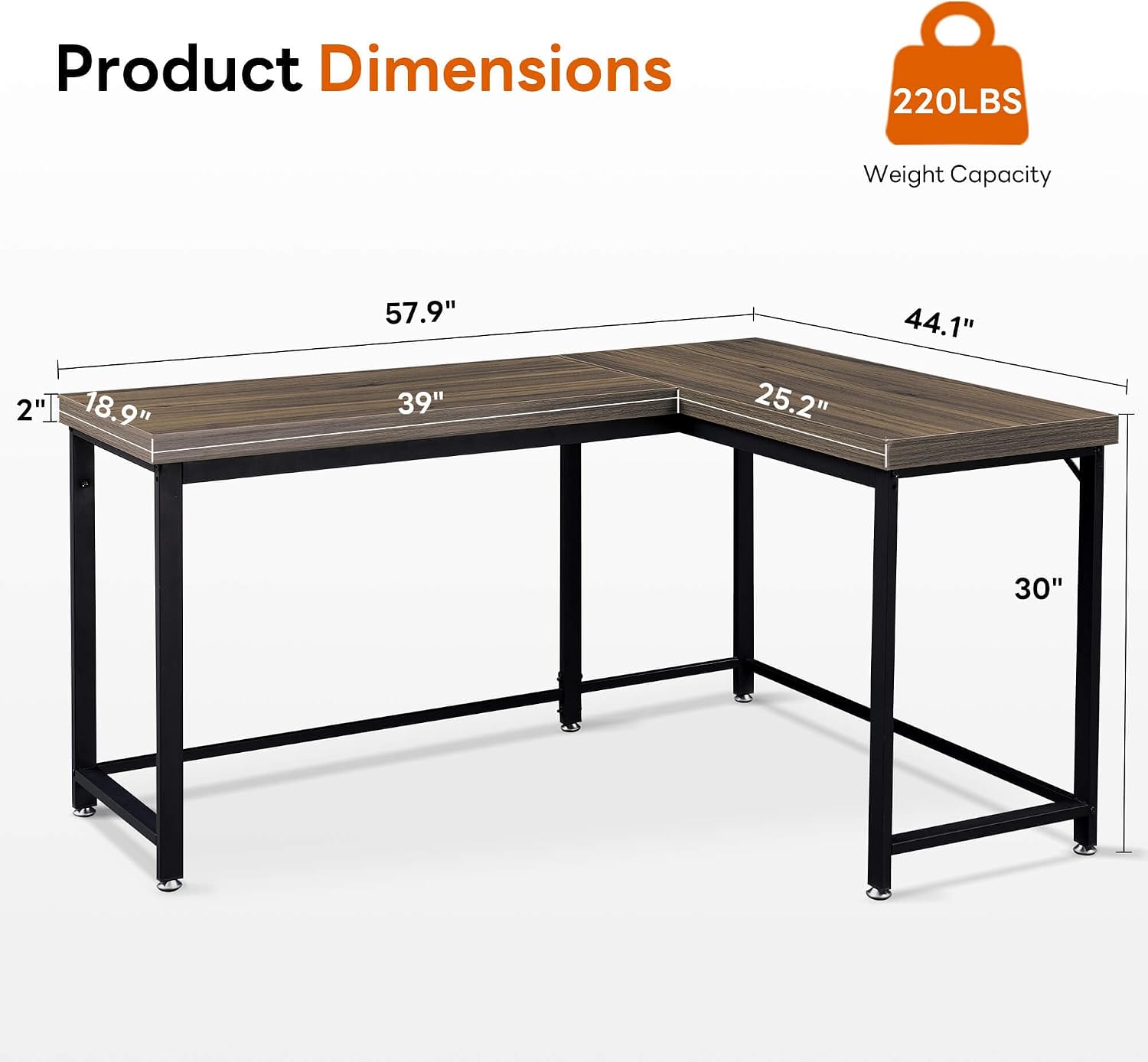 ivinta L Shaped Desk, Modern Corner Home Office Computer Desk with 2' Thicker Desktop for Study Work, Simple Reversible Worksation with Metal Frame for Bedroom Living Room Novas (Brown)
