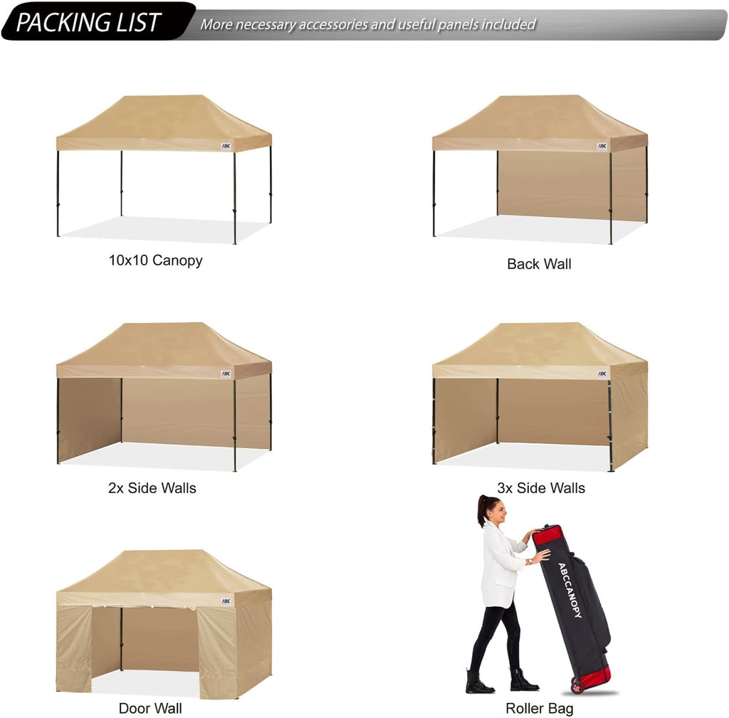 ABCCANOPY Heavy Duty Easy Pop up Canopy Tent with Sidewalls 10x15, Beige