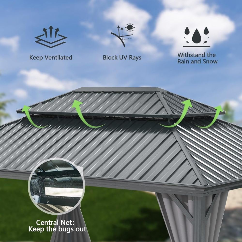 Outdoor Gazebo 10x13ft Hardtop with Double Roof, Metal Gazebo for Patio Water-Resistant Steel Frame, Includes Curtains & Netting, Modern Gray for Backyard Deck Garden