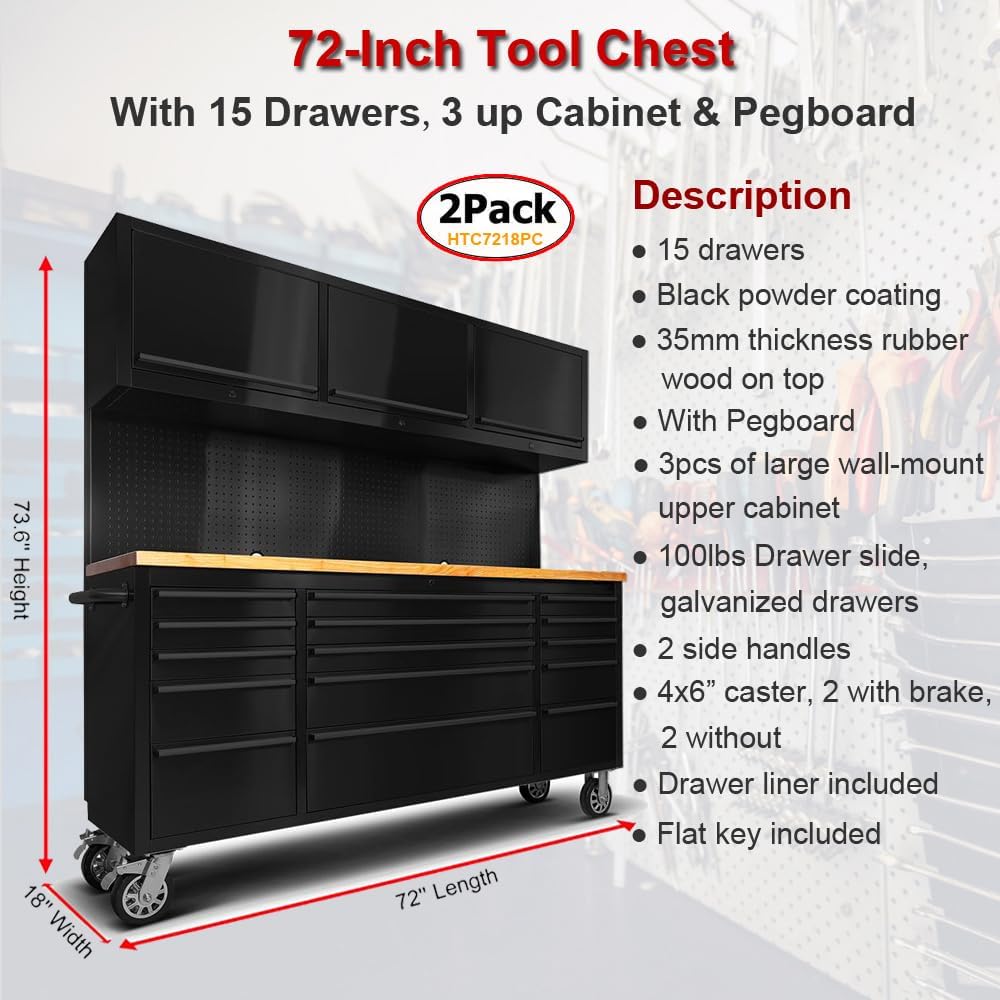 2 Pack - 72' Rolling Tool Chest with 15 Drawers + 3 Upper Cabinets, Matte Black Lockable Mobile Workbench, Assembled Large Tool Box with Wheels for Garage Workshop (2 × HTC7218PC)