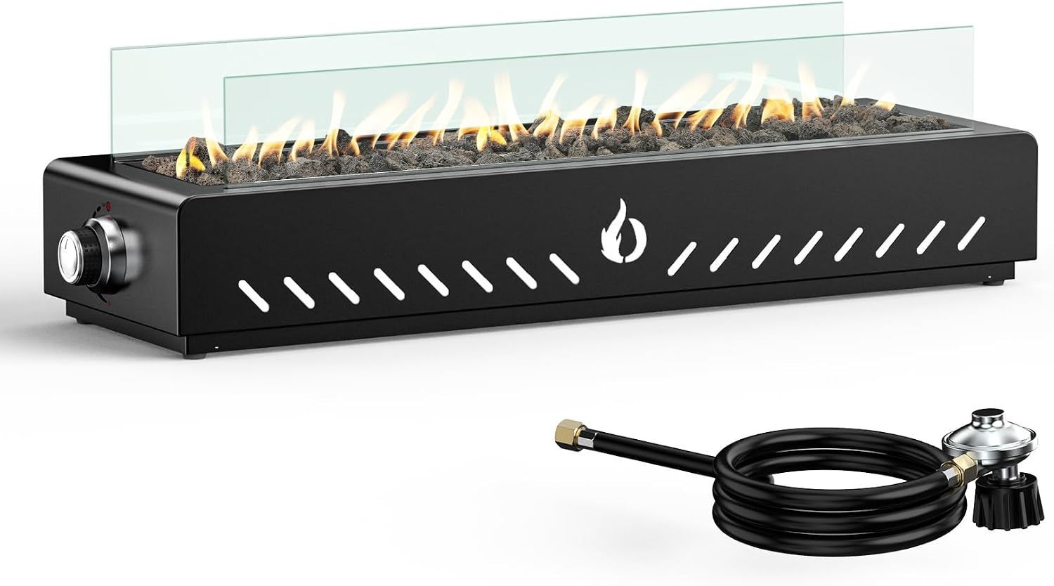 28' Tabletop Propane Gas Fire Pit Bottom-Mounted for Table with Umbrella Hole, Portable Smokeless Firepit with Glass Wind Guard for Outdoor Patio Backyard Porch Camping Tailgating RV, 40000BTU, FP044