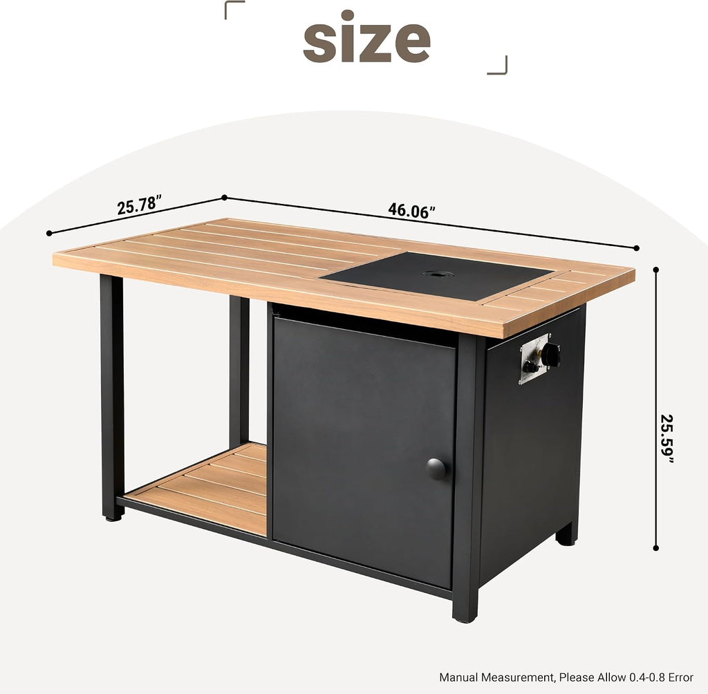 OVIOS 46 Inch Outdoor Patio Fire Pit Table, 50,000 BTU Heater Metal Steel Frame Propane Firepits with Storage Space, Wood-Like Tabletop, Waterproof Cover, Lid, Lava Rock, Black