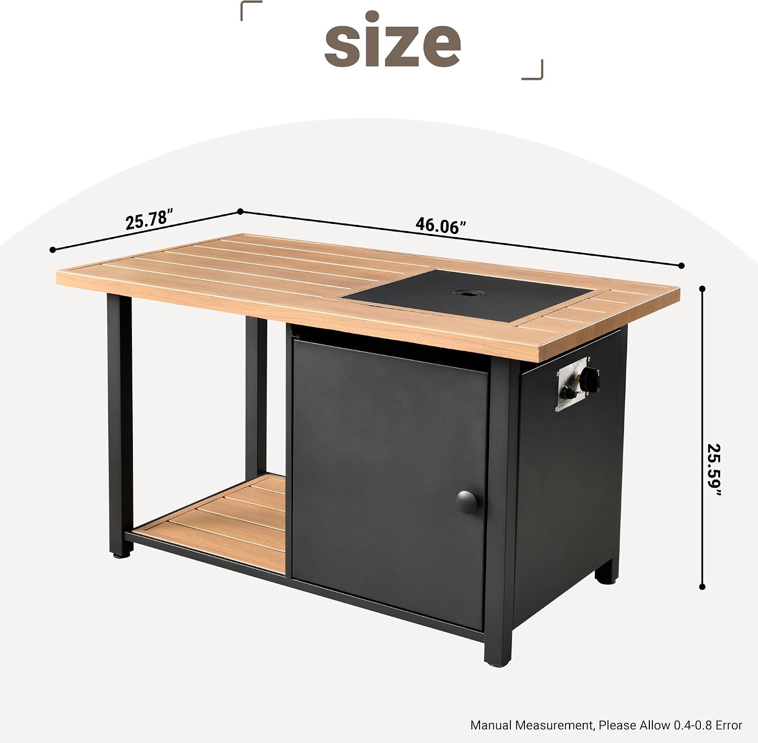 OVIOS 46 Inch Outdoor Patio Fire Pit Table, 50,000 BTU Heater Metal Steel Frame Propane Firepits with Storage Space, Wood-Like Tabletop, Waterproof Cover, Lid, Lava Rock, Black