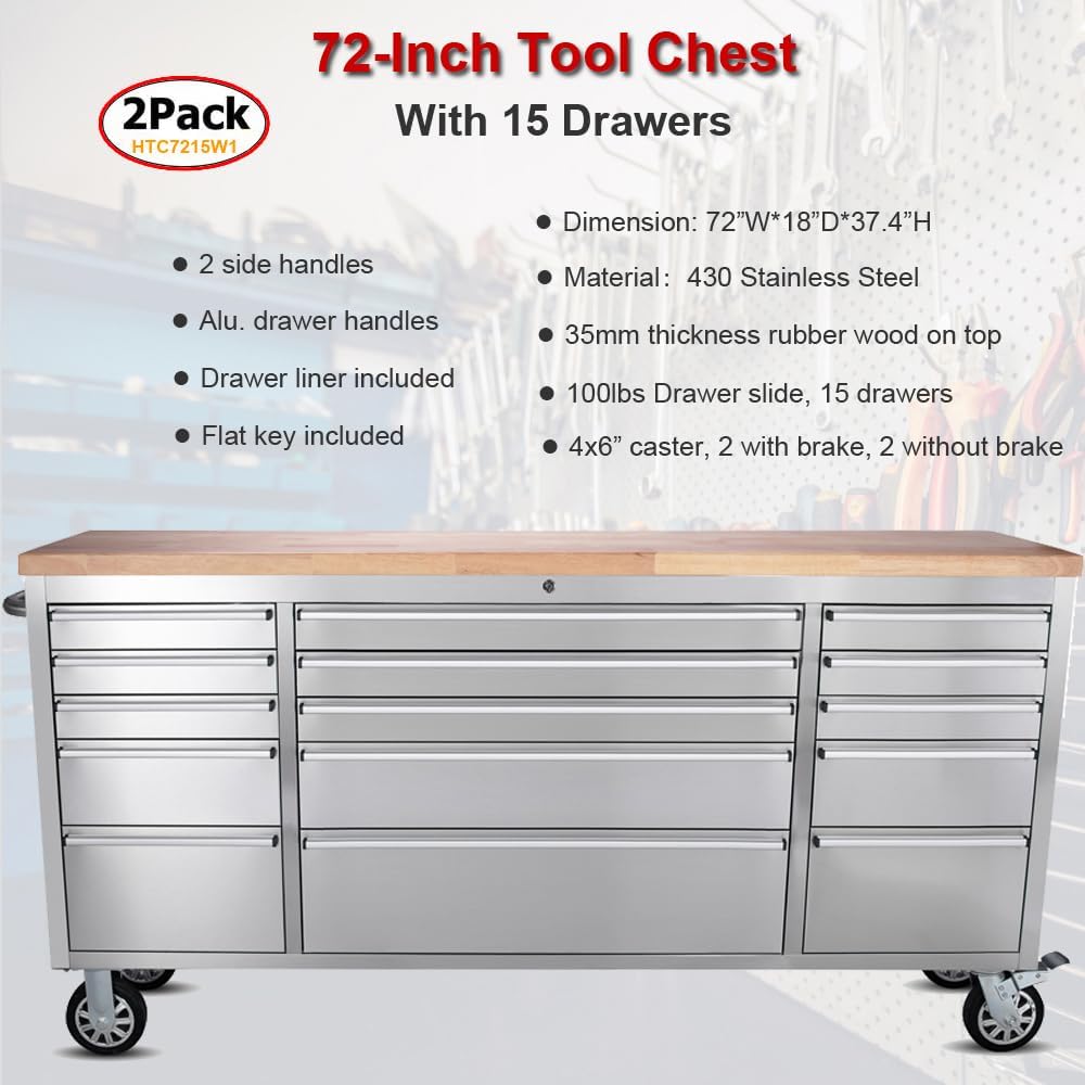 2 Pack - 72' Stainless Steel Rolling Tool Chest with 15 Drawers, Lockable Storage Cabinet, Mobile Workbench, Assembled Large Tool Box with Wheels for Garage Workshop (2 × HTC7215W1)