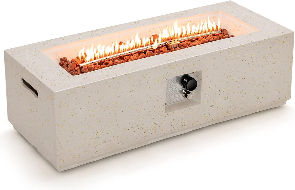 Tangkula 50,000 BTU Outdoor Fire Pit Table, 42' Rectangle Terrazzo Propane Gas Fire Table with Auto-Ignition, Stainless Steel Burner, Lava Rocks & Rain Cover for Patio Backyard Poolside
