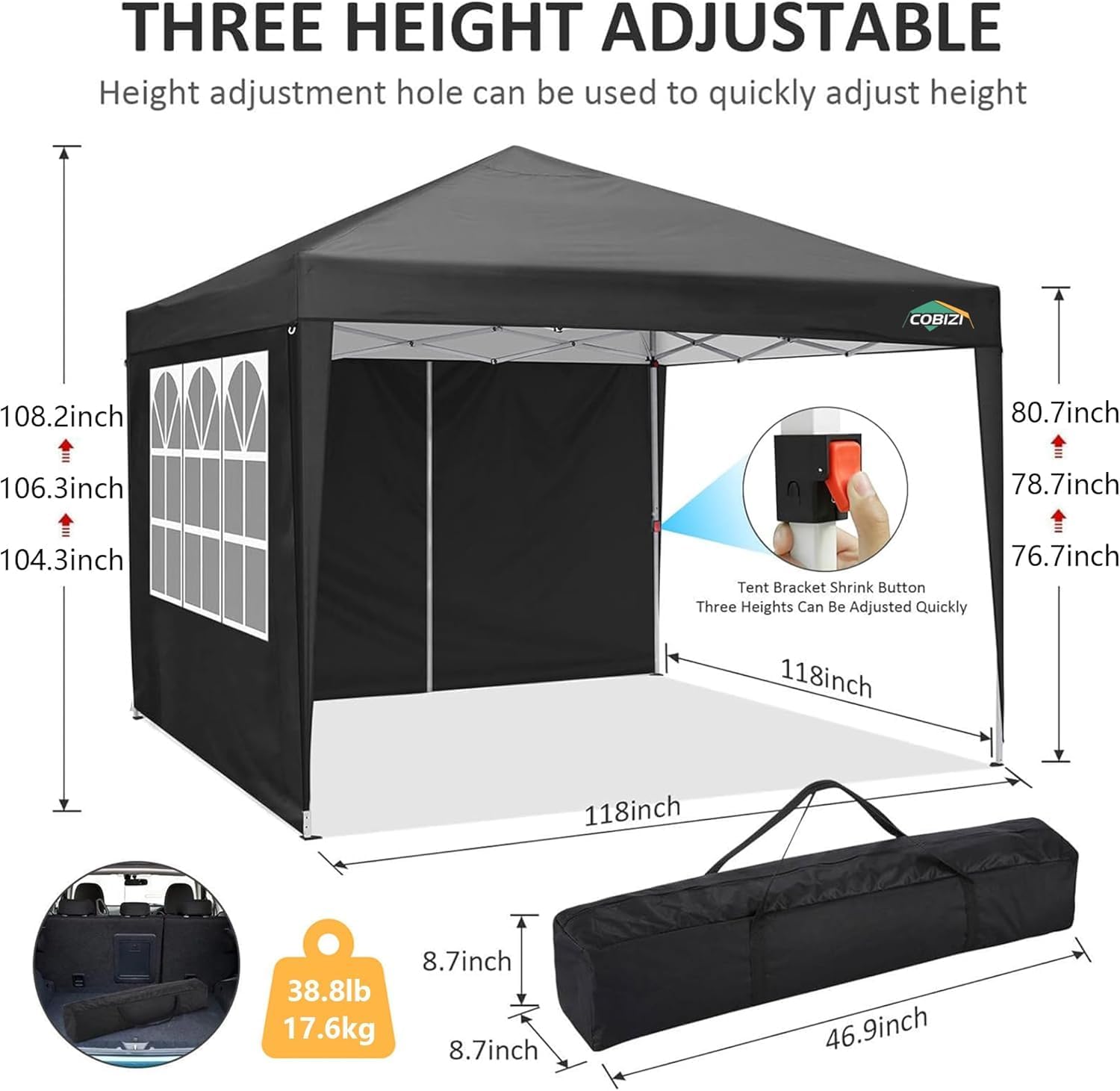 COBIZI 10x10 Pop up Canopy Tent Protable Canopy Tent with 4 Sidewalls Waterproof Commercial Instant Shelter for Parties, Wedding, Courtyard with Carry Bag(10x10FT with 4 Sides, Black)