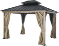 Modern Shade 10' x 12' Hardtop Gazebo with LED Strip Lights, Galvanized Steel Double Roof, USB and USB-C connectors, Mosquito Netting and Curtains, Heavy Duty Outdoor Metal Gazebo for Decks Backyards