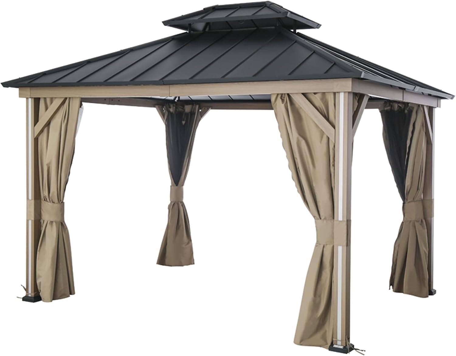 Modern Shade 10' x 12' Hardtop Gazebo with LED Strip Lights, Galvanized Steel Double Roof, USB and USB-C connectors, Mosquito Netting and Curtains, Heavy Duty Outdoor Metal Gazebo for Decks Backyards