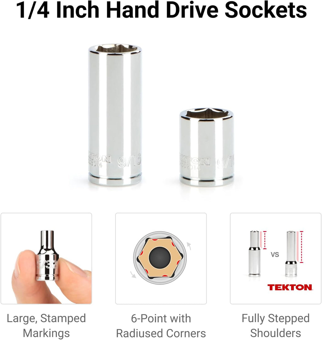 TEKTON 1/4 Inch Drive 6-Point Socket and Ratchet Set with Rails and Trays, 57-Piece (5/32-9/16 in., 4-15 mm) | SKT03301