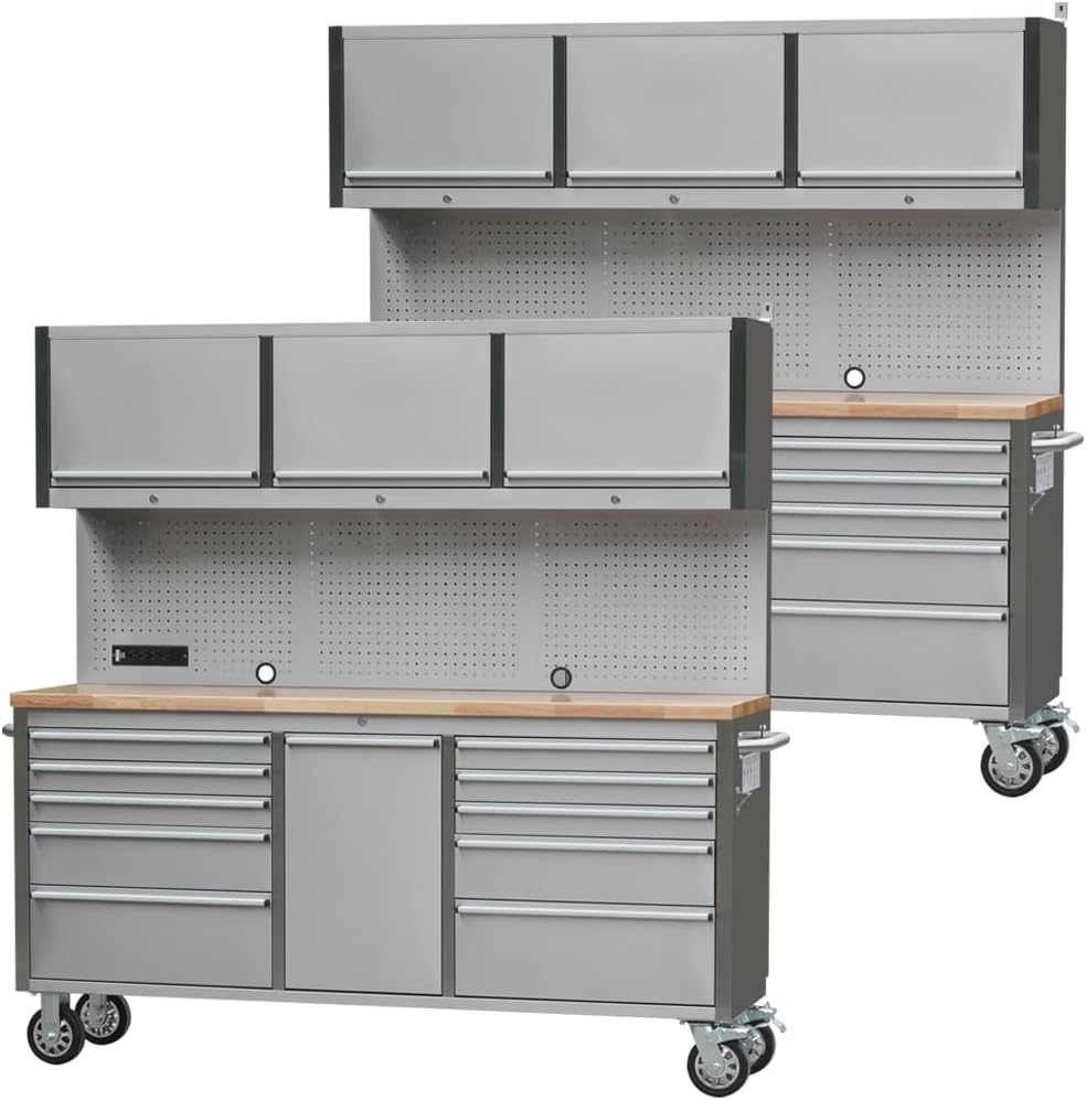 2 Pack - 72' Stainless Steel Rolling Tool Chest with 11 Drawers + 3 Upper Cabinets, Large Lockable Storage Cabinet, Mobile Workbench with Wheels for Garage Workshop (2 × HTC7214W1)