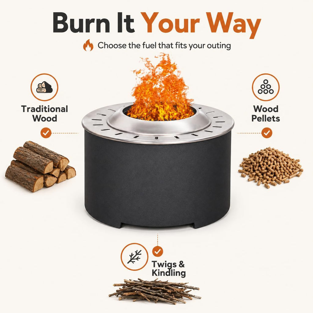 Afterglow Smokeless Fire Pit, 20.5' Round Wood Burning Stainless Steel Top & TerraFab Base, Firepit with Weather Cover Perfect for Outdoor Patio Garden, Dark Grey