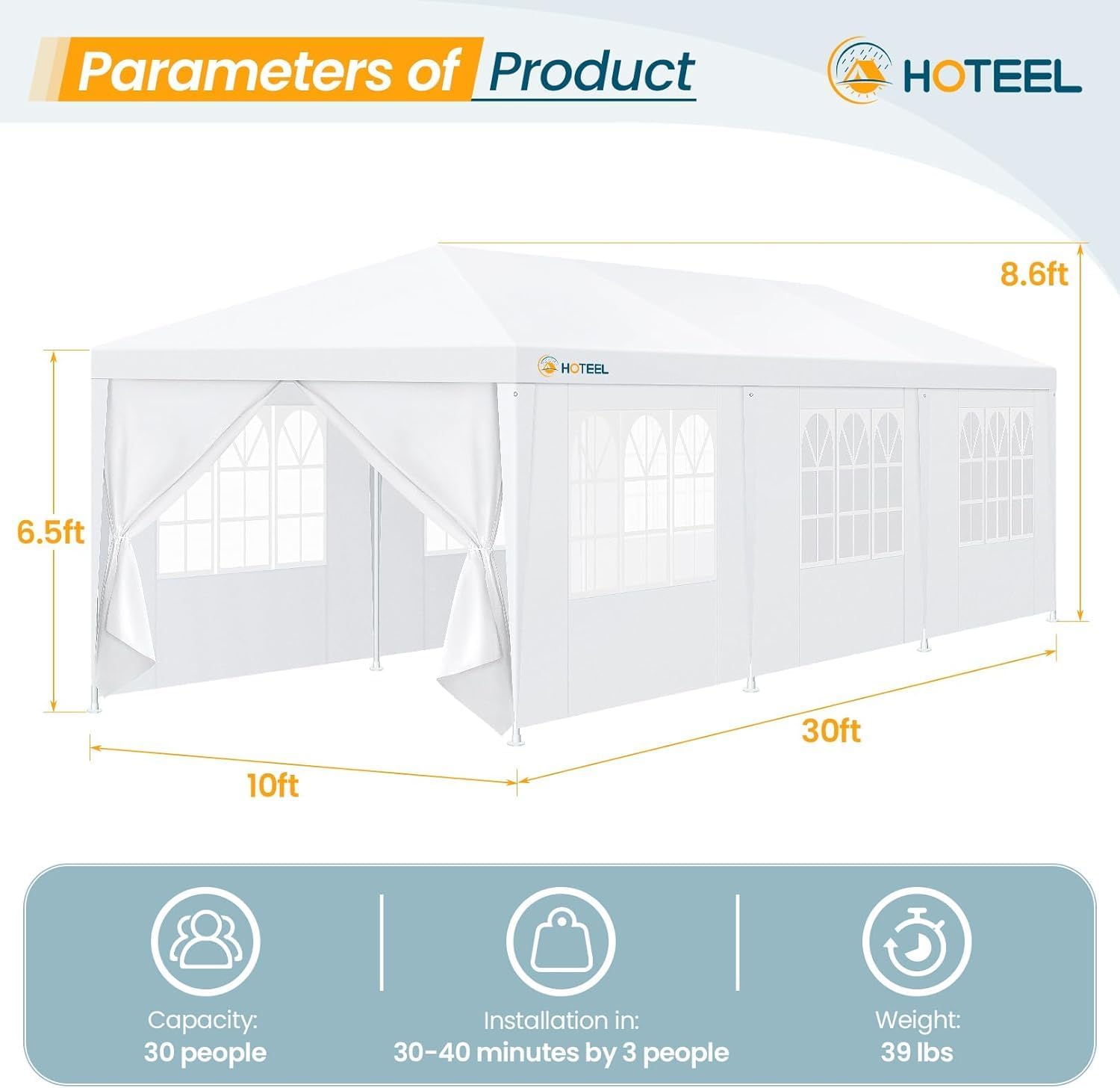HOTEEL 10x30 Party Tent with 8 Removable Sidewalls for Parties, Weddings, BBQ, Waterproof Outdoor Event Canopy, Patio Camping Gazebo, Carpas para Fiestas, White