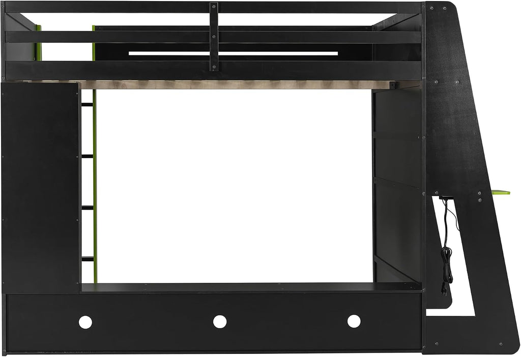 LUMISOL Full Size Gaming Loft Bed with Desk, Multi-Storage Shelves, RGB LED Lights & Built-in Charging Stations for Teens & Adults, Heavy Duty Support, Green Black