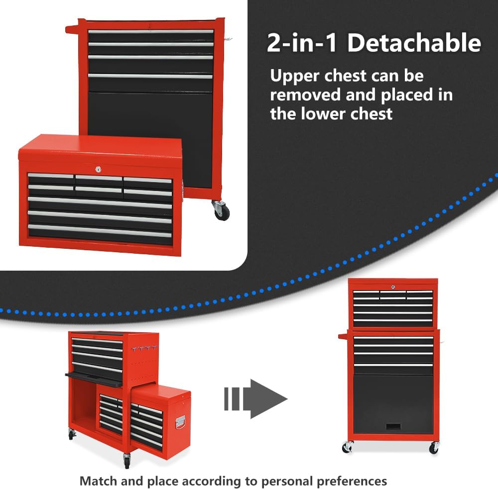 13 Drawers Tool Chest with Wheels,Large Capacity Tool Storage Cabinet with Tool Box, Locking Mechanical Tool Cart with Liner,Suitable for Garages, Warehouses-Black&Red
