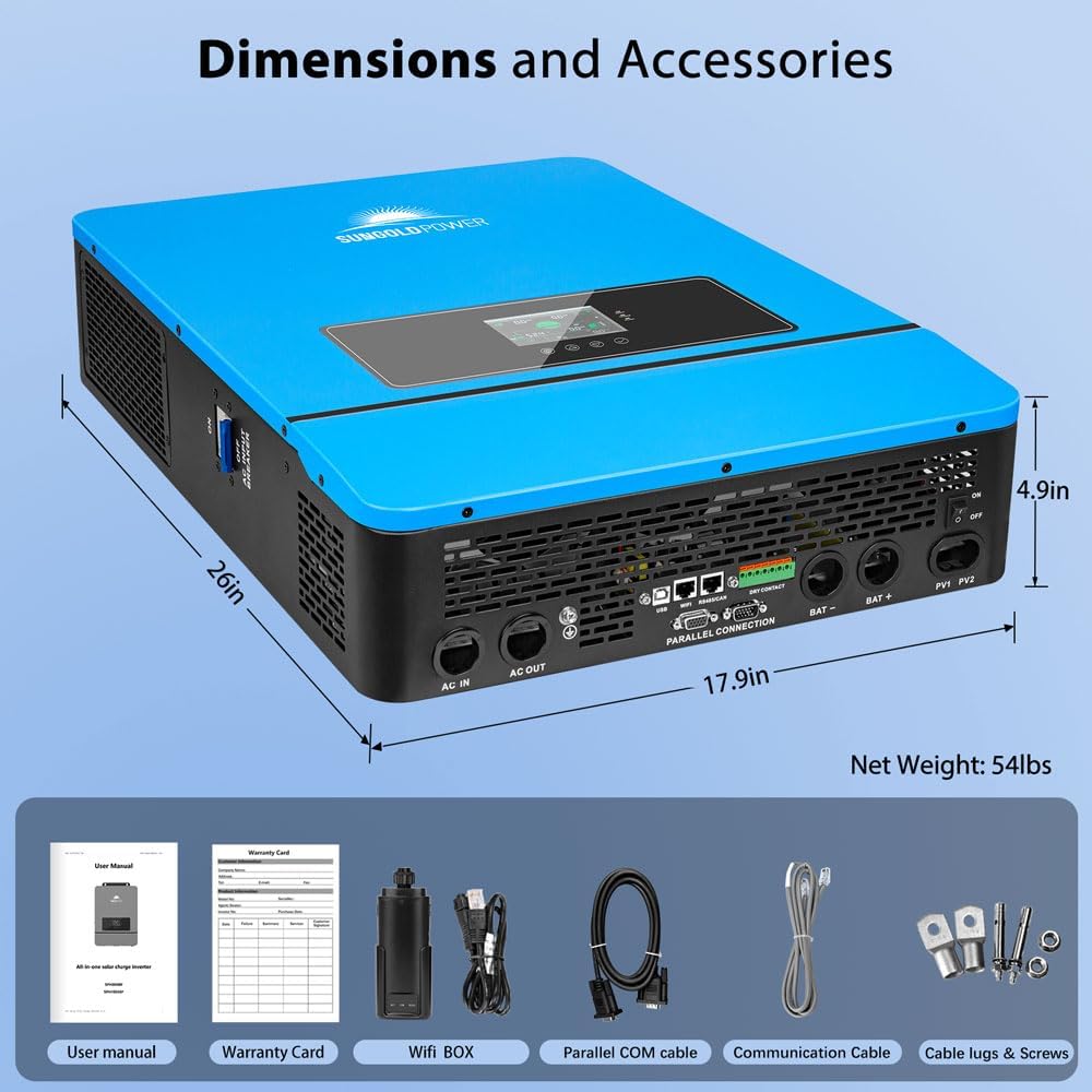 SUNGOLDPOWER 10000W 48V Solar Inverter, Split Phase Built-in 2 MPPTs, Max 200A Battery Charging, AC Input/Output 120V/240V(settable),Pure Sine Wave Inverter(WiFi and BMS COMM) UL1741 SPH10048P