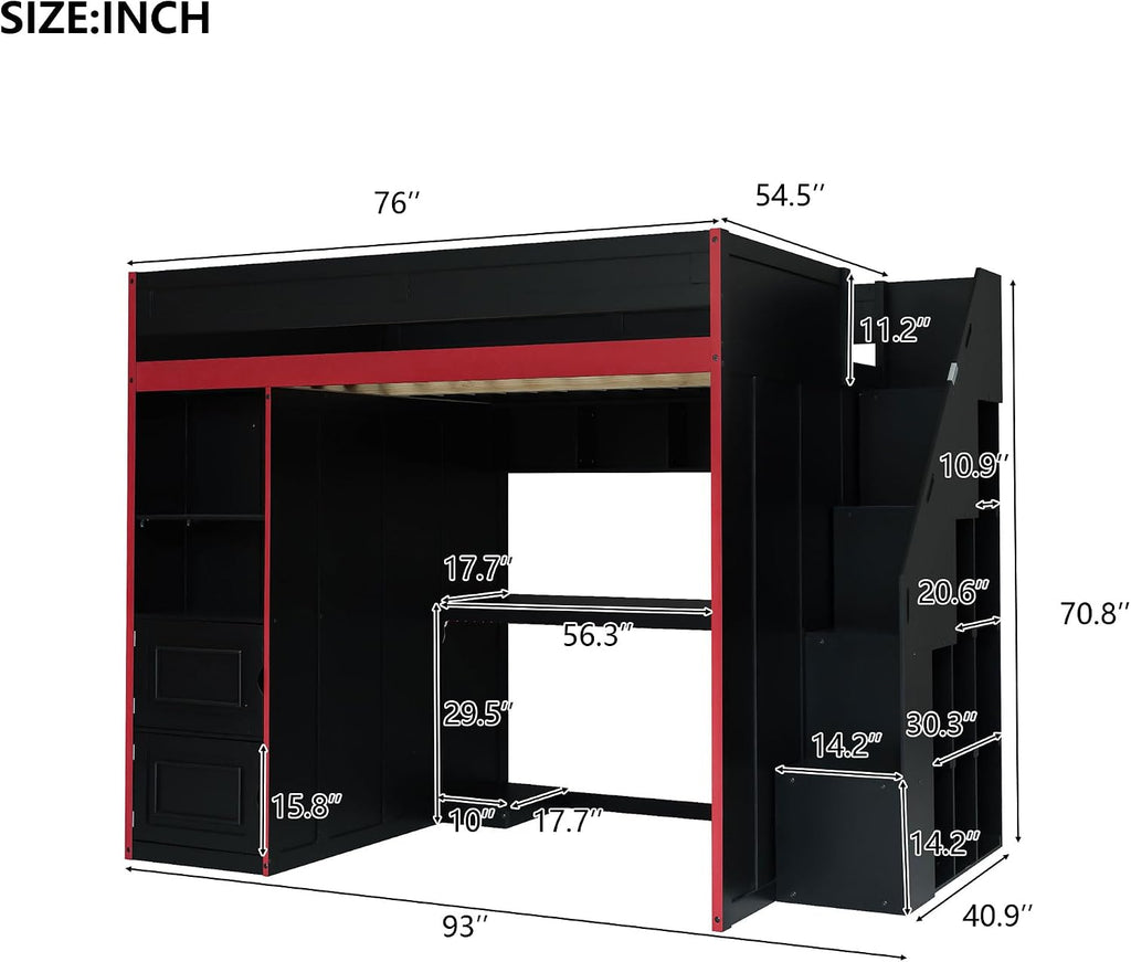 SOFTSEA Full Size Gaming Loft Bed with Desk, Storage Stairs, LED Lights, Bookshelves & Wardrobe, Multifunctional Loft Bed, No Box Spring Needed, Black Red
