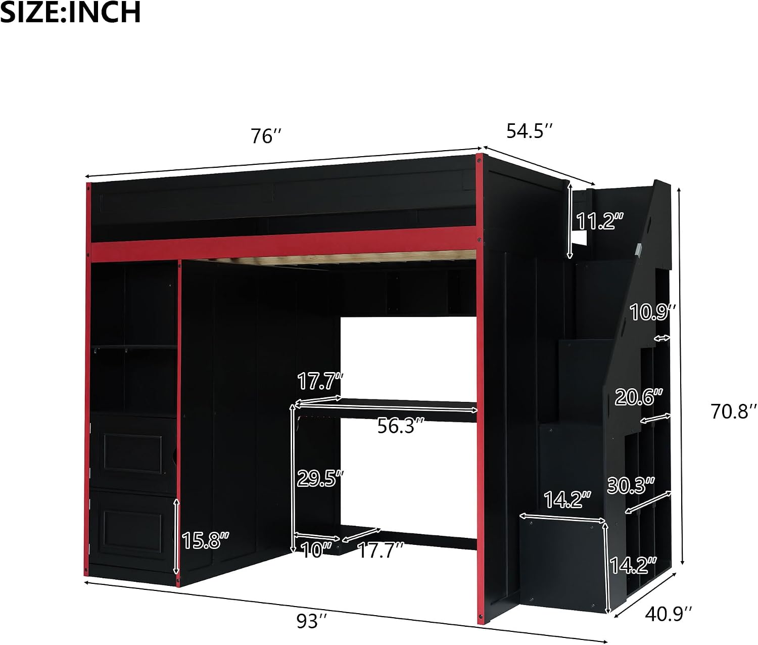 SOFTSEA Full Size Gaming Loft Bed with Desk, Storage Stairs, LED Lights, Bookshelves & Wardrobe, Multifunctional Loft Bed, No Box Spring Needed, Black Red