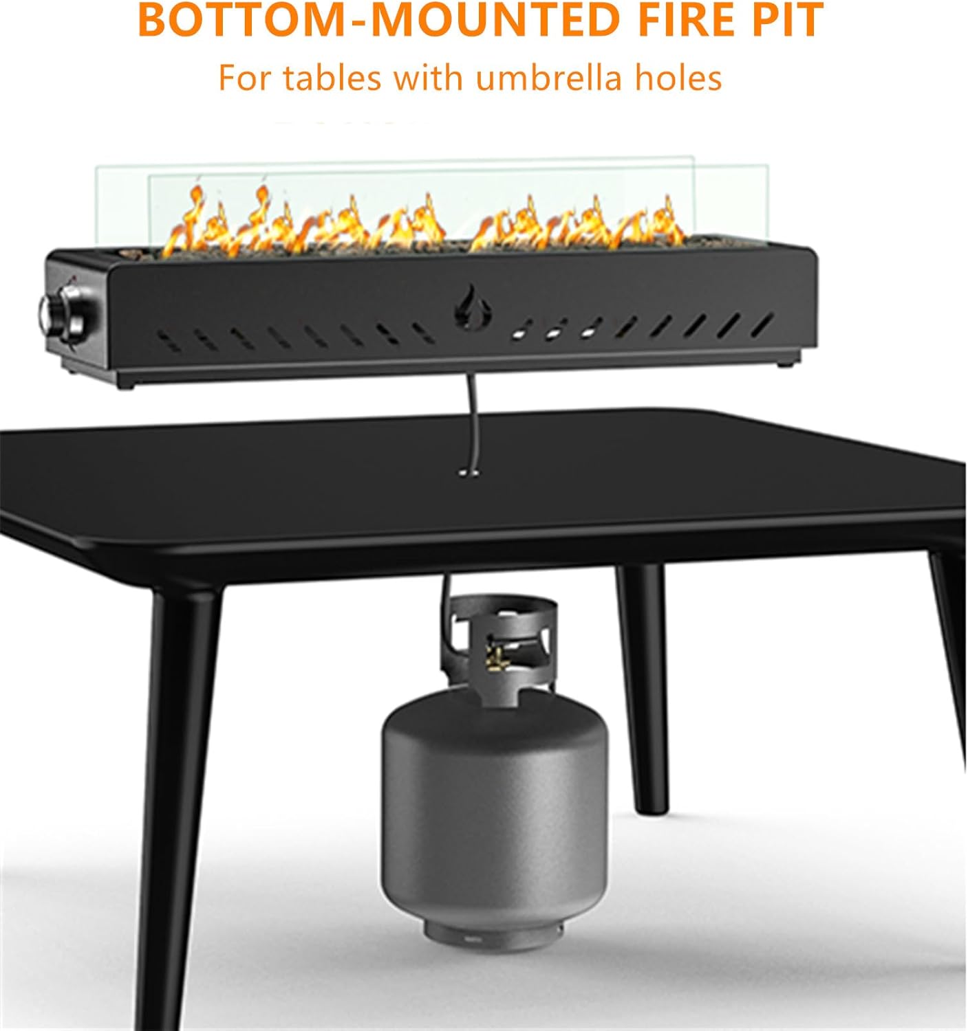 28' Tabletop Propane Gas Fire Pit Bottom-Mounted for Table with Umbrella Hole, Portable Smokeless Firepit with Glass Wind Guard for Outdoor Patio Backyard Porch Camping Tailgating RV, 40000BTU, FP044