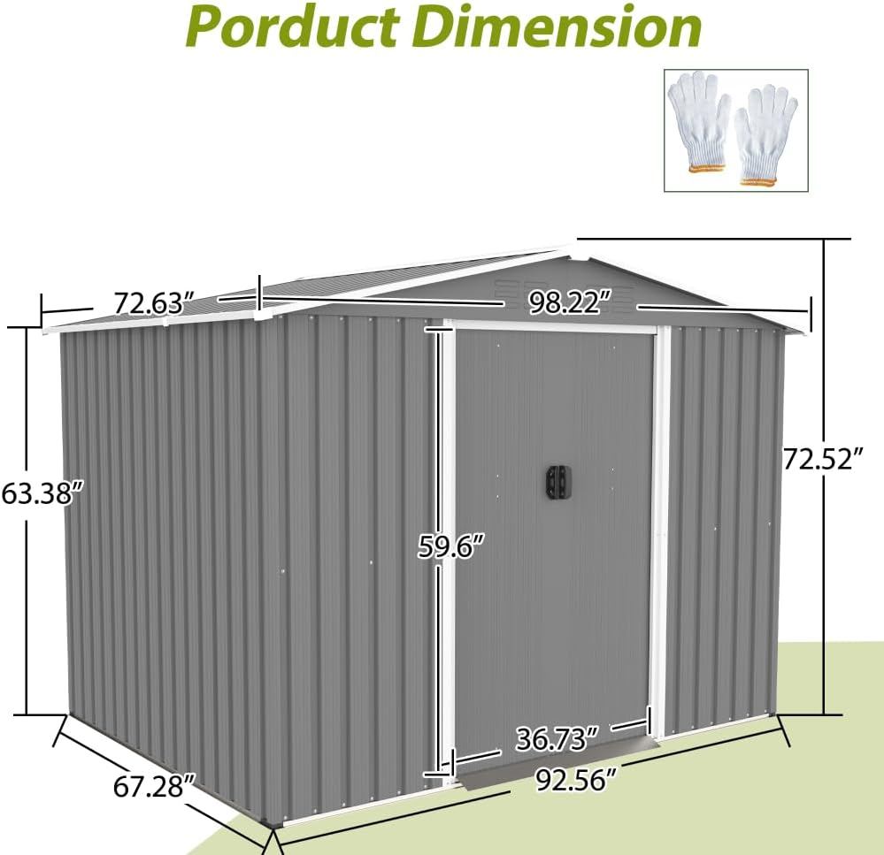 Large Outdoor Storage Shed 10x12 FT, Heavy-Duty Metal Garden Tool Organizer with Lockable Doors and Weather-Resistant Roof for Backyard (8x6 ft Grey with Floor Frame)
