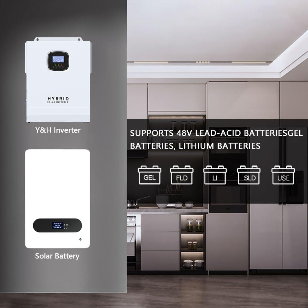 Y&H 5000W Hybrid Solar Inverter AC 120V to DC 48V, UL1741, Battery-Free Operation Supported, with 80A MPPT Charging 6000W PV Input, 11kW Peak, Lithium/Lead-Acid Compatible, for Home, RV, Off-Grid Use