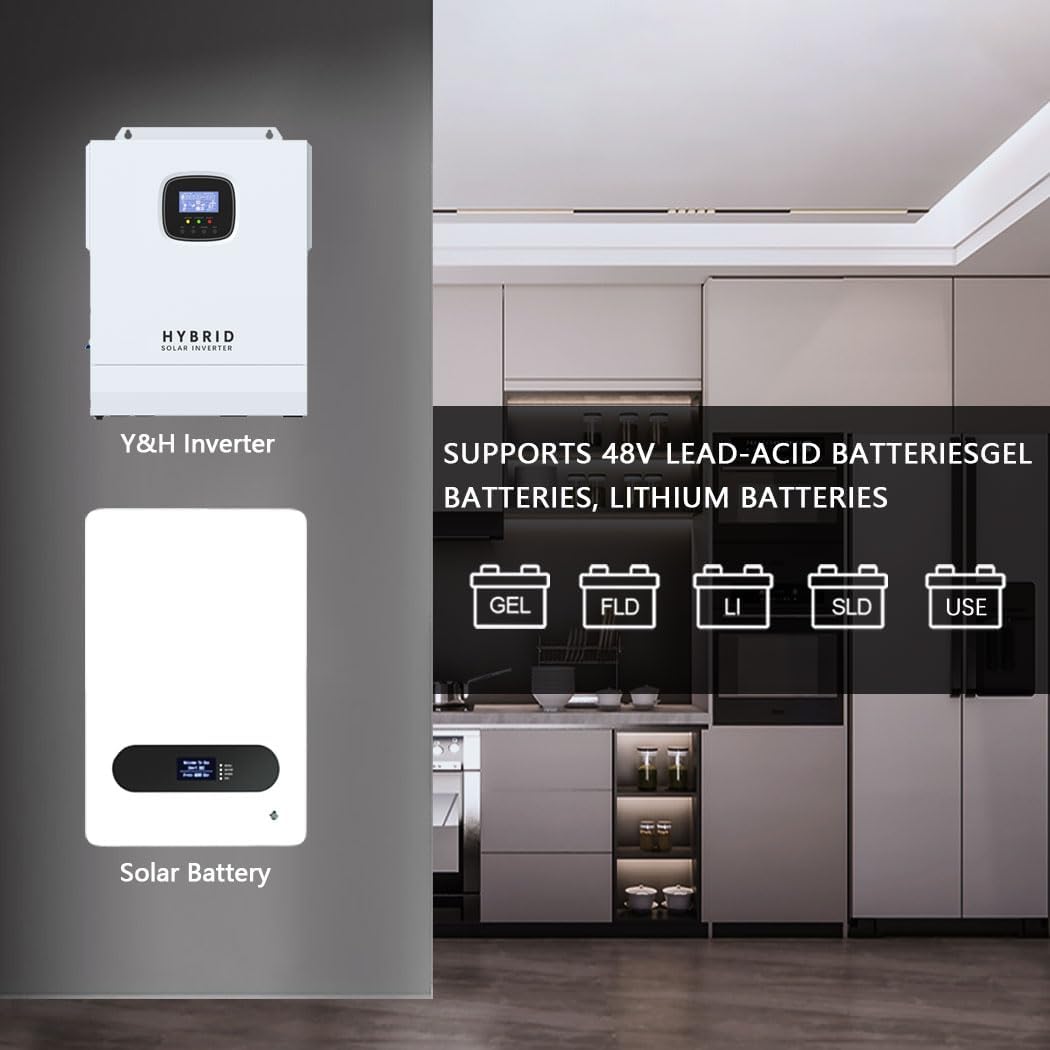 Y&H 5000W Hybrid Solar Inverter AC 120V to DC 48V, UL1741, Battery-Free Operation Supported, with 80A MPPT Charging 6000W PV Input, 11kW Peak, Lithium/Lead-Acid Compatible, for Home, RV, Off-Grid Use