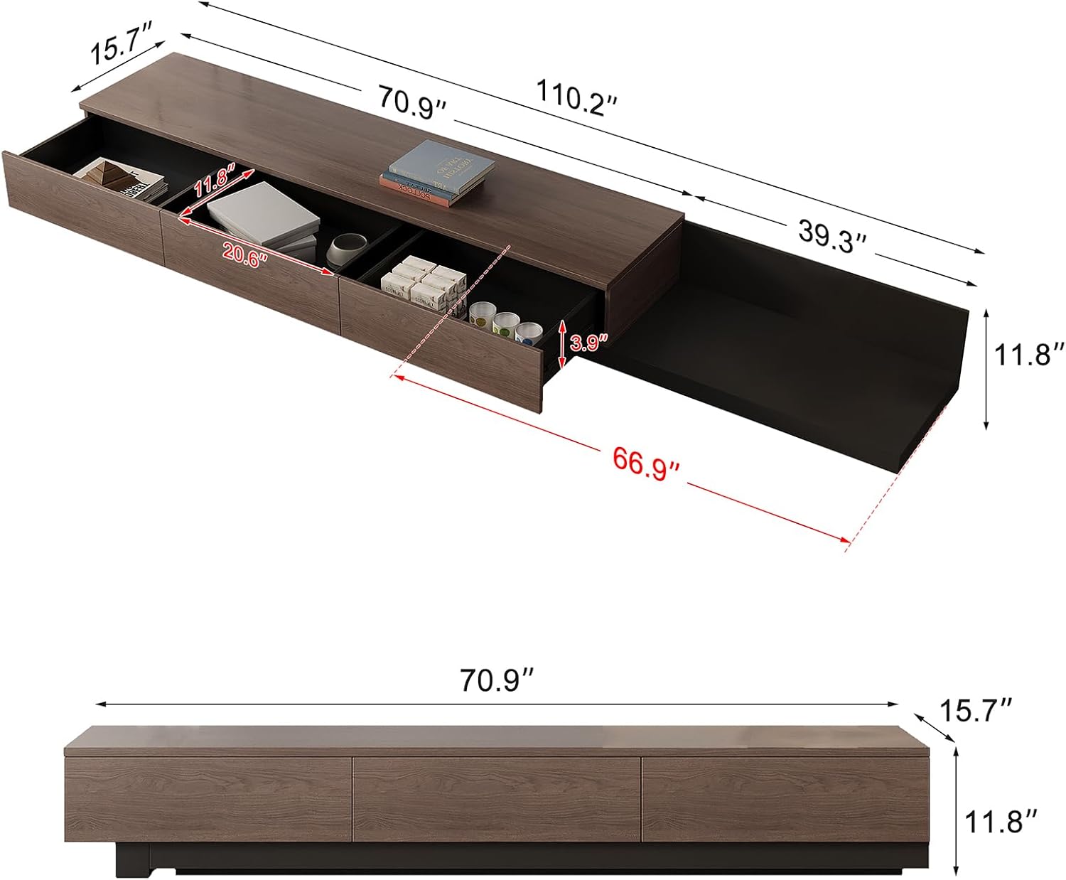 Telescoping TV Cabinet, 70.9 to 110.2 Inch Entertainment Center, Fits 85 Inch TV with 3 Drawer Media Cabinet, Walnut + Matte Black, Modern Living Room Bedroom Organizer