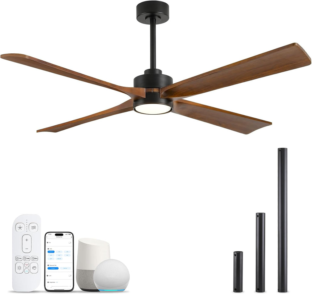 60 Inch Outdoor Smart Ceiling Fan with Lights, App/Alexa/Remote Control, High CFM Quiet Energy Efficient DC Motor, Modern Farmhouse Solid Wood Blades, Damp Rated for Covered Patio & Large Living Room