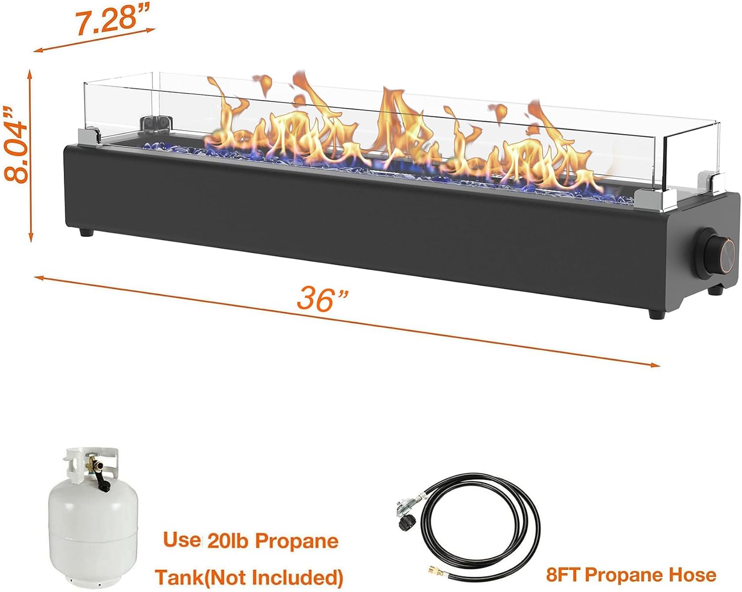 36-inch Table Top Propane Fire Pit, 40,000 BTU Tabletop Firepit for Patio, Outdoor Portable Rectangular Fire Bowl w/Wind Glass Shield, Glass Rocks - Black