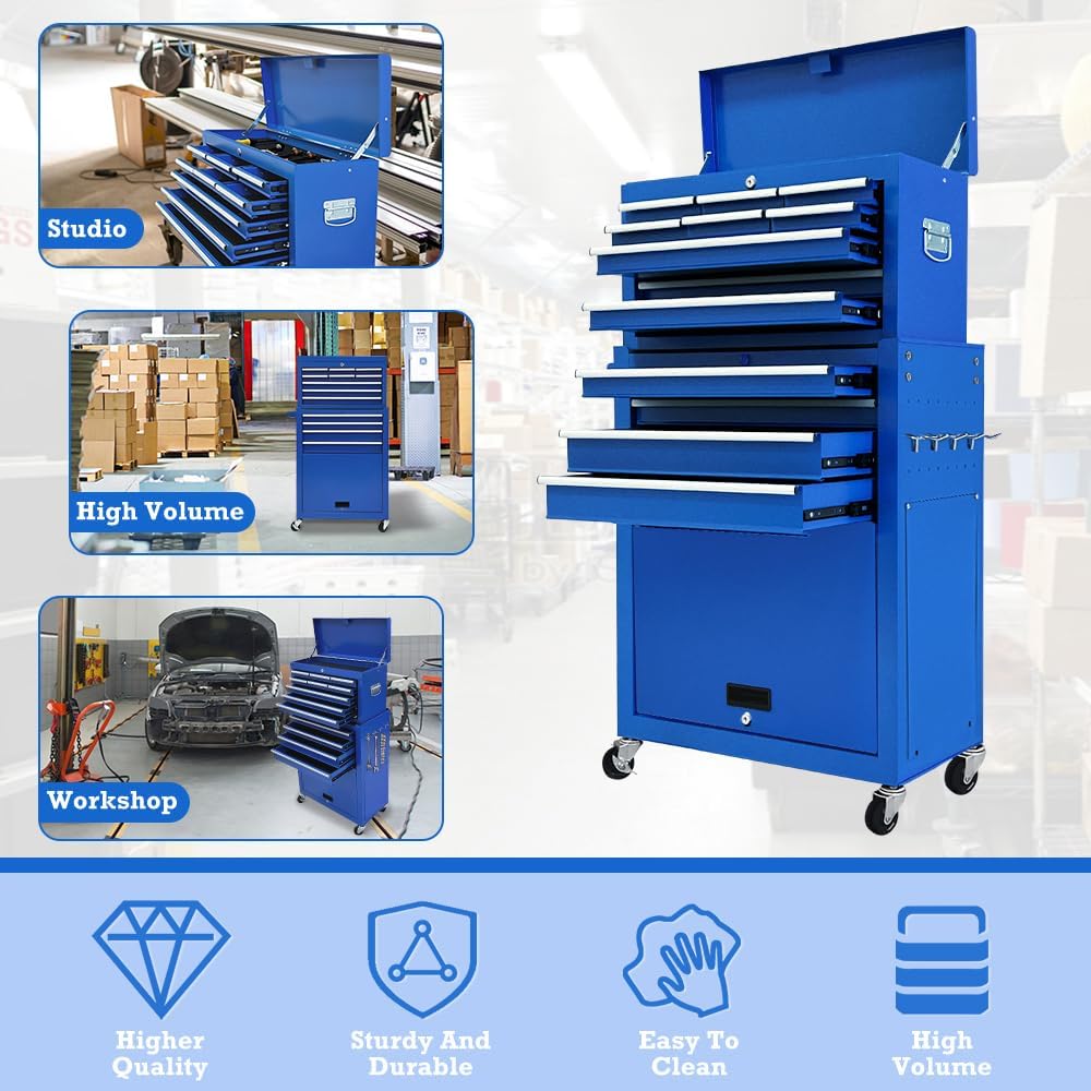 13 Drawers Tool Chest with Wheels,Large Capacity Tool Storage Cabinet with Removable Top Toolbox, Locking Mechanical Tool Cart with Liner,Suitable for Garages, Warehouses-Blue