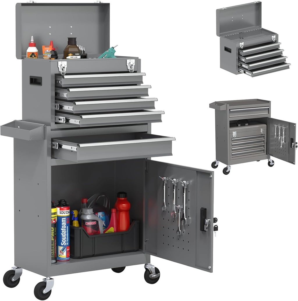 Tool Chest, 5-Drawer Rolling Tool Chest with Detachable Top Tool Box, Tool Box with Wheels, Tool Storage Cabinet for Garage Warehouse Workshop (Gray)