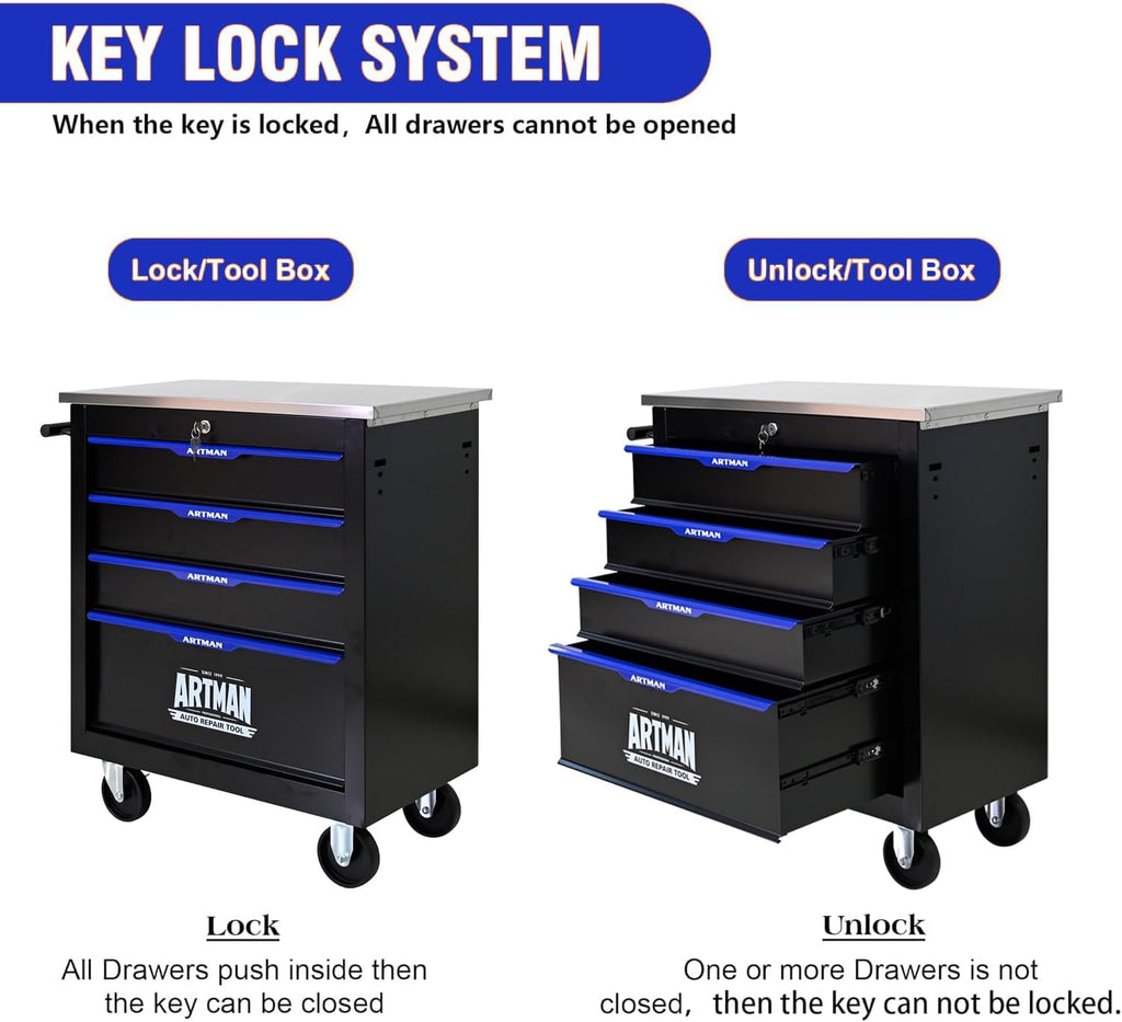 4 Drawers Tool Cart on Wheels with Stainless Steel Worktop, Heavy Duty Mobile Rolling Drawer Tool Chest with Secure Locking System & Locking Wheels for Garage,Warehouse,Workshop (Black&Blue)