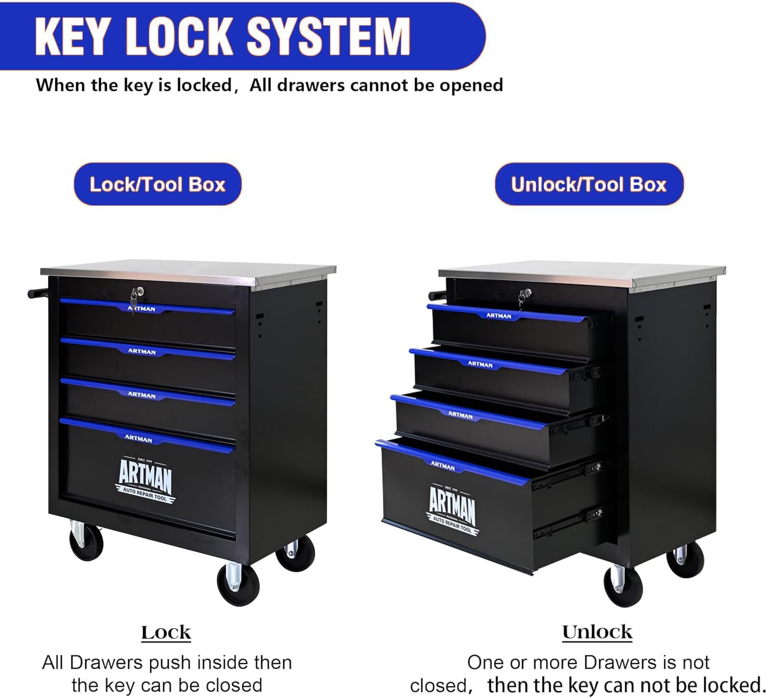 4 Drawers Tool Cart on Wheels with Stainless Steel Worktop, Heavy Duty Mobile Rolling Drawer Tool Chest with Secure Locking System & Locking Wheels for Garage,Warehouse,Workshop (Black&Blue)