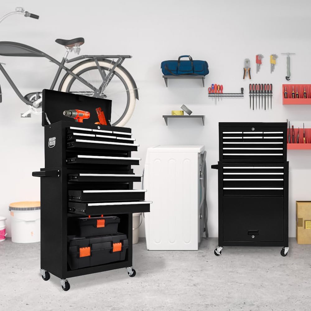 13 Drawers Tool Chest with Wheels,Large Capacity Tool Storage Cabinet with Removable Top Toolbox, Locking Mechanical Tool Cart with Liner,Suitable for Garages, Warehouses-Black