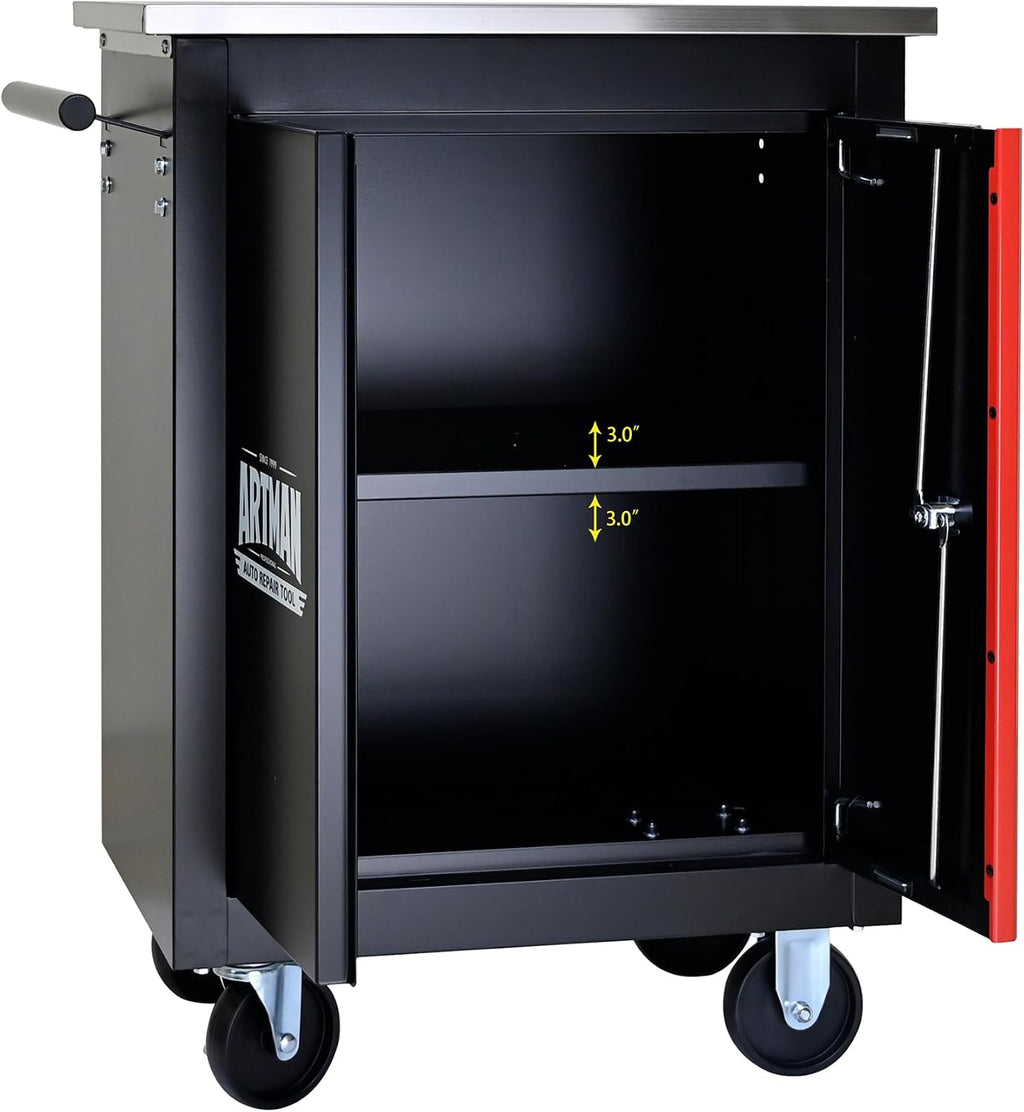 RYH 4/5/6/7 Drawers Rolling Tool Chest -Heavy Duty Mobile Metal Tool Box with Locking Wheels, with Stainless Steel Worktop, Garage Tool Storage Cabinet (Black, 2 Doors 30.7' H×22.2' W)