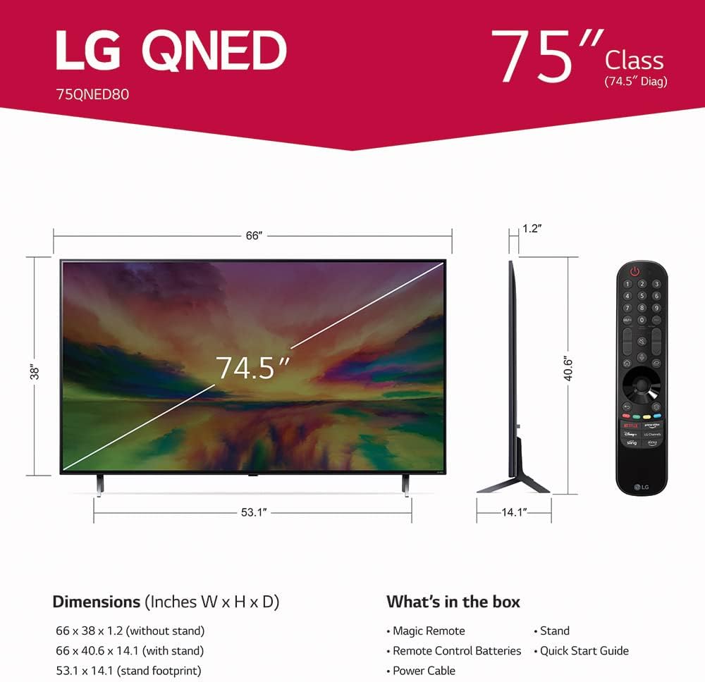 LG QNED80 Series 75-Inch Class QNED Mini LED Smart TV 4K Processor Smart Flat Screen TV for Gaming with Magic Remote AI-Powered 75QNED80URA, 2023 with Alexa Built-in (Renewed)