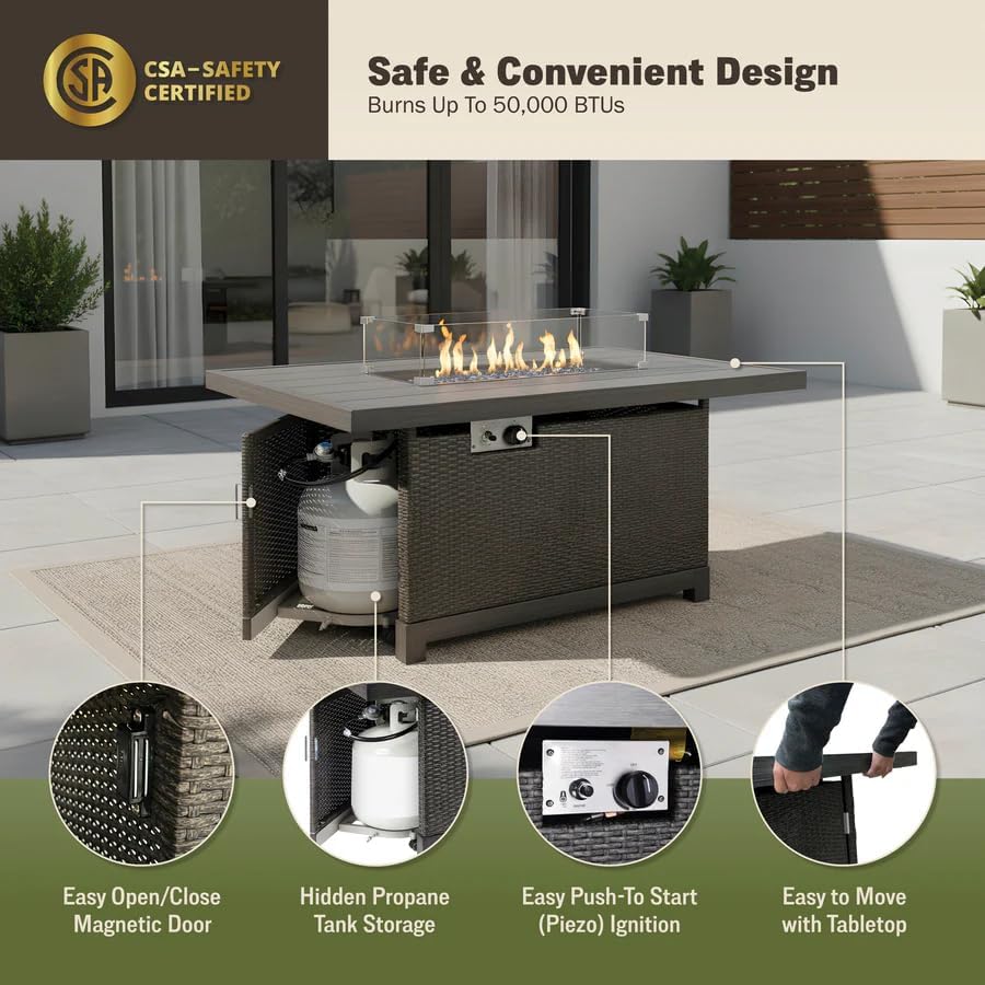 52-Inch Propane Fire Pit Table Rectangular 50,000 BTU Outdoor Gas Fire Pit for Patio & Backyard Aluminum Frame 2-in-1 Firepit Dining Table with Glass Wind Guard Rain Cover and Blue Glass Rocks Brown