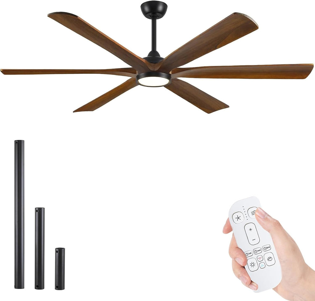 72 Inch Outdoor Ceiling Fan with Light and Remote - Damp Rated for Indoor/Exterior, 6 Brown Wood Blade, Large Airflow Quiet Energy Efficient DC Motor, for Patios Porch Gazebo Garage Farmhouse