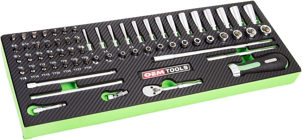 OEMTOOLS 23997 Socket Set 64PC, 1/4' Drive Mechanic Tool Set, Socket Wrench Set Hard Chrome Finish, No-Slip Sockets, Ratchet Set and Extensions for Tight Spaces