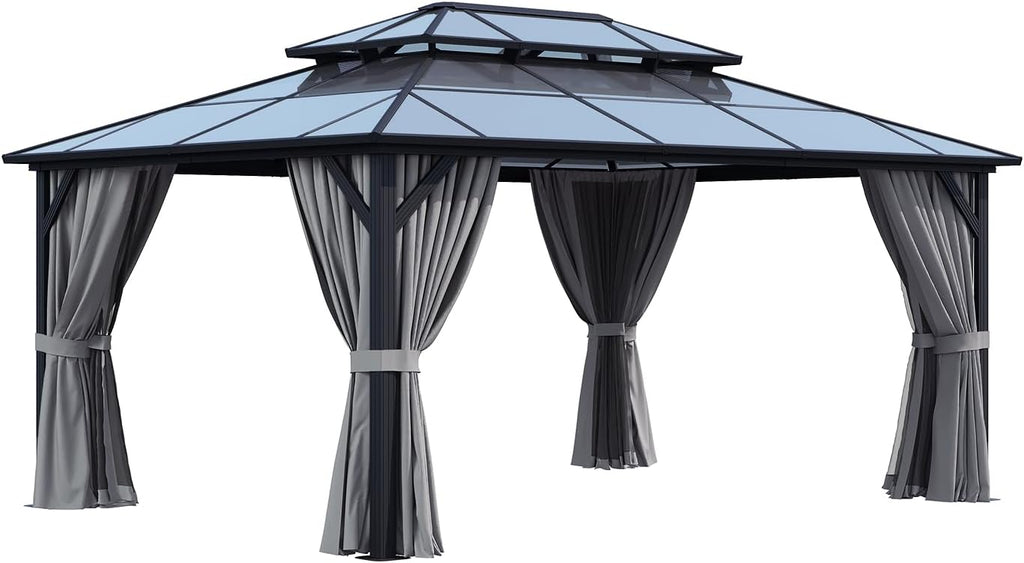 12' x 16' Double Roof Gazebo with Dark Gray Polycarbonate Panels, Sturdy Aluminum Frame, Weather-Resistant Pavilion with Curtains for Outdoor Patio, Garden, and Backyard