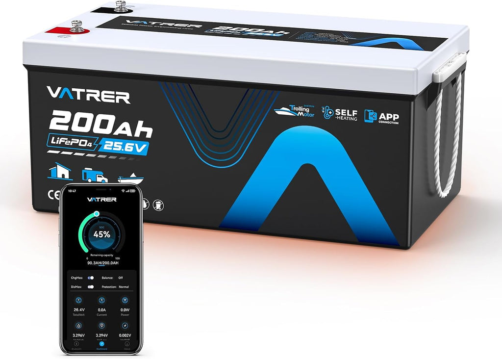 24V 200AH Low/High Temp Cutoff LiFePO4 Lithium Battery with Self-Heating & APP Monitoring, Built-in 200A BMS, Rechargeable Battery with 5.12kW for Trolling Motor, RV/Camper, Solar,Home,Off-Grid,Backup