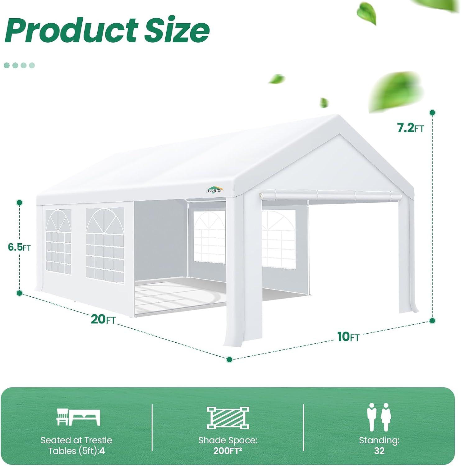 COBIZI Party Tent 10x20 Heavy Duty, 10x20 Canopy with Removable Sidewalls & 4 Built-in Sandbags, Commercial Wedding Large Tent, UV 50+, Waterproof, White