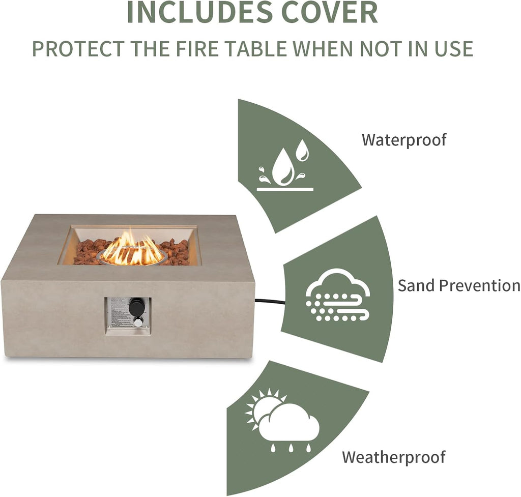 COSIEST 2-Piece Outdoor Propane Fire Pit Table Set w Tank, Gray Faux Stone 35 inch Square Fire Table w 50,000 BTU Stainless Steel Burner, w Metal Lid 20lb Hideway Tank for Garden, Porch
