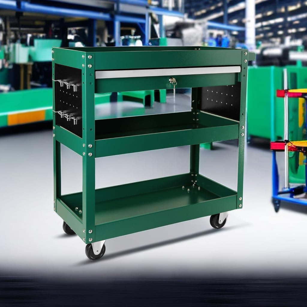 3 Tier Tool Cart Rolling Tool Chest on Wheels 1 Drawer Rolling Tool Box Organizer Removable Portable Tool Cabinet with Locking System for Garage Workshop Warehouse Repair Shop Green