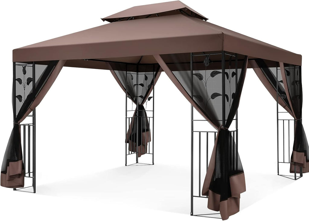 COBIZI Gazebo 10x13 Heavy Duty Gazebos with Improved Nettings Outdoor Gazebo Double Roof Patio Gazebos with Metal Steel Frame Outdoor Canopy for Patio, Deck, Backyard (Brown)
